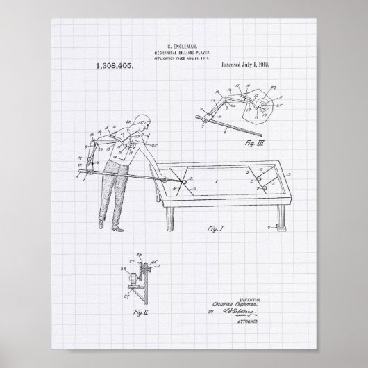 Mechanische Billiard 1919 Patent Art - Lined Peper Poster (Voorkant)