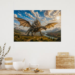 Mechanische Draak met een Stoomfantasie Stad Poster