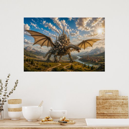 Mechanische Draak met een Stoomfantasie Stad Poster (Keuken)