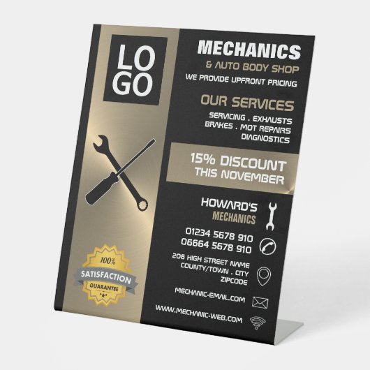 Mechanische gereedschappen, automatische monteur / reclamebord met voetstuk (Voorkant)