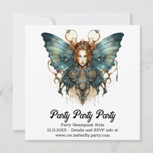 Mechanische Haarstrena Vlinder Steampunk Bruiloft Aankondiging (Voorkant)