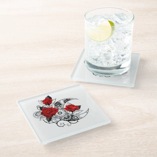 Mechanische haling met rode rozen glazen onderzetter (Schuin)