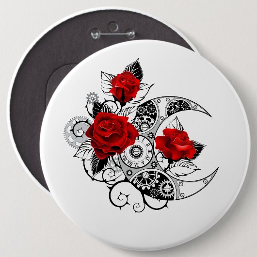 Mechanische haling met rode rozen ronde button 6,0 cm (Voorkant /achterkant)