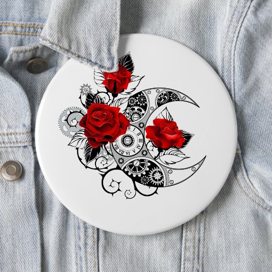 Mechanische haling met rode rozen ronde button 6,0 cm (In situ)