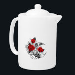 Mechanische haling met rode rozen theepot<br><div class="desc">Contour,  mechanische halve maan met tandwielen,  versierd met rode rozen met zwarte verrijkte stengels en bladeren op witte achtergrond. Steampunk</div>