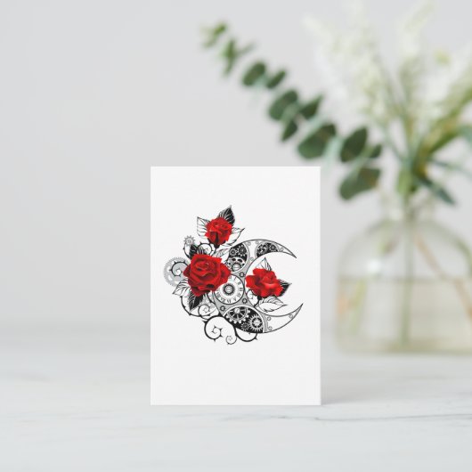 Mechanische halve maan met rode rozen advieskaart (Staand voorkant)