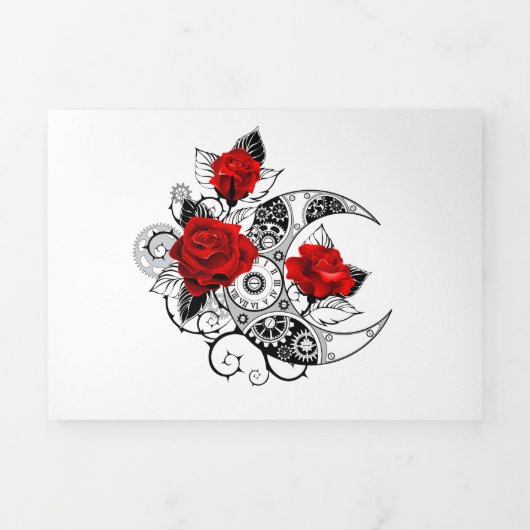 Mechanische halve maan met rode rozen drieluik uitnodiging (Cover)