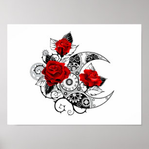 Mechanische Halve Maan met Rode Rozen Poster