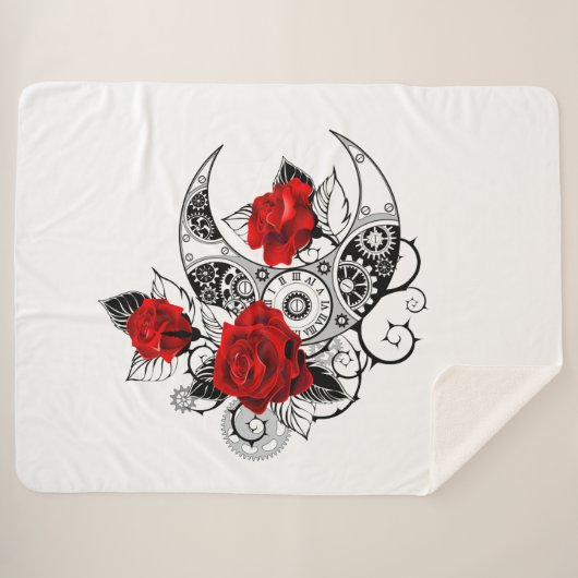 Mechanische Halve Maan met Rode Rozen Sherpa Deken (Voorkant (horizontaal))