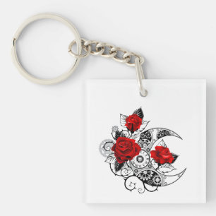 Mechanische Halve Maan met Rode Rozen Sleutelhanger
