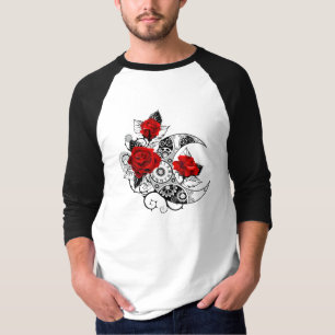 Mechanische halve maan met rode rozen t-shirt