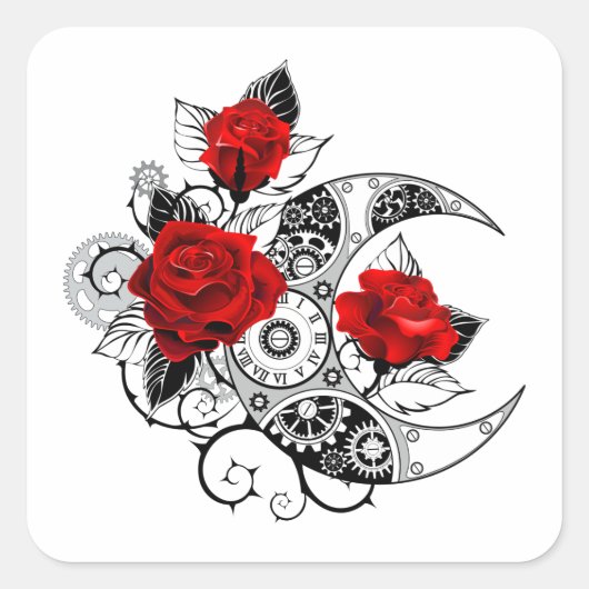 Mechanische Halve Maan met Rode Rozen Vierkante Sticker (Voorkant)