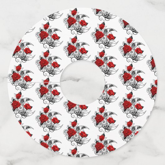 Mechanische Halve Maan met Rode Rozen Wijnglaslabel (Voorkant)