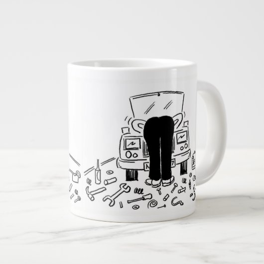 Mechanische illustratie van een auto op een grote koffiekop (Voorkant rechts)