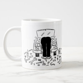 Mechanische illustratie van een auto op een grote koffiekop