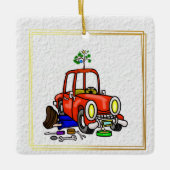 Mechanische kerstversiering met auto keramisch ornament (Voorkant)