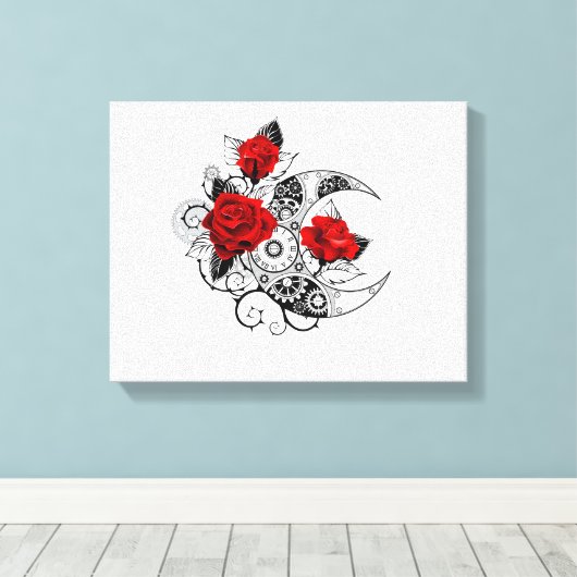 Mechanische maansikkel met rode rozen canvas afdruk (Insitu (Houten vloer))