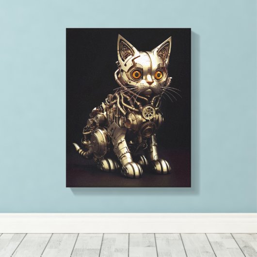 Mechanische Miauw: Een Steampunk Metal Cat Canvas Afdruk (Insitu (Houten vloer))