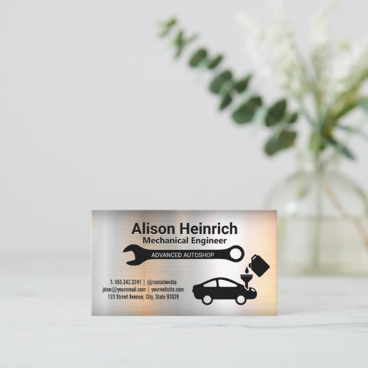 mechanische moersleutel | Auto krijgt olie | Metal Visitekaartje (Staand voorkant)