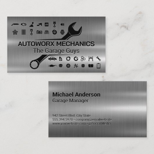 Mechanische moersleutel | Autodiensten | Metallisc Visitekaartje (Voorkant / Achterkant)