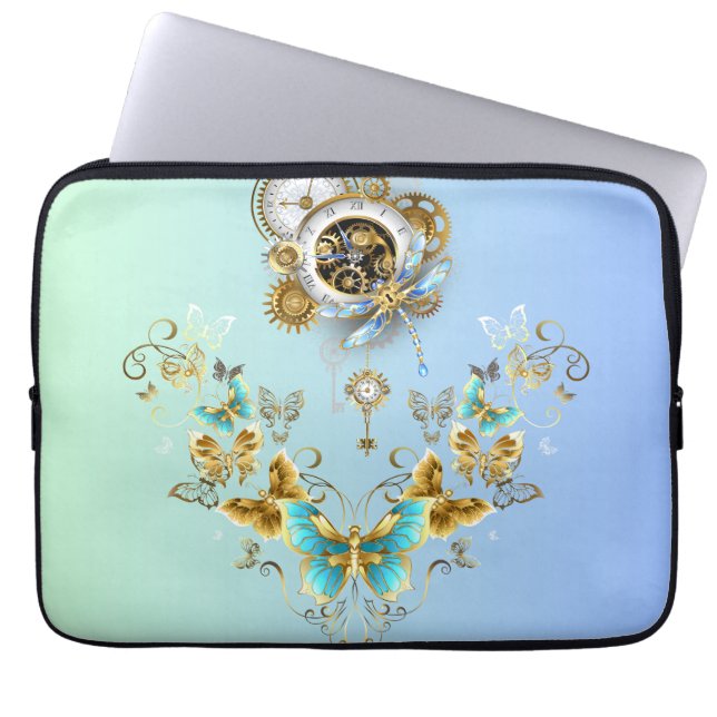 Mechanische sereniteit - Blauwgroen Steampunk-ontw Laptop Sleeve (Voorkant)