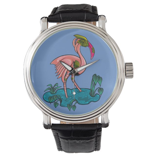 Mechanische vogel, roze flamingo Mecha Robot Horloge (Voorkant)