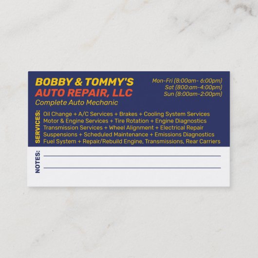 Mechanisme voor reparatie van auto's 2 zonder hulp visitekaartje (Achterkant)