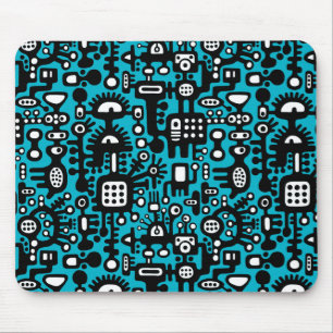 Mechanoïde wereld - zwart en wit met Aqua Blue Muismat