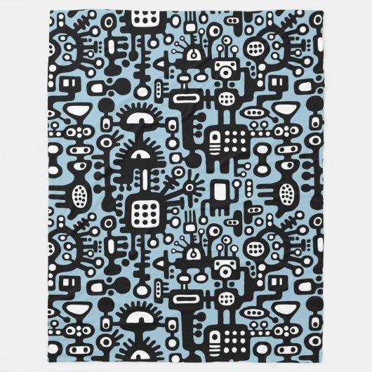 Mechanoïde wereld - zwart en wit met Lt Blue Fleece Deken (Voorkant)