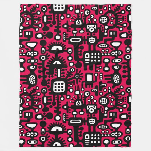 Mechanoïde wereld - Zwart-wit met Crimson Red Fleece Deken (Voorkant)