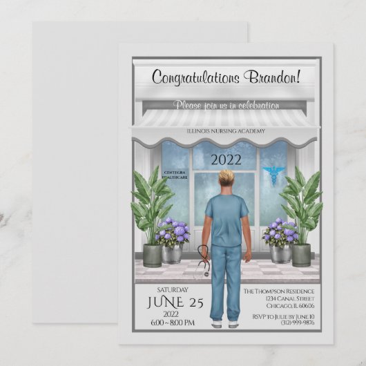 Med School Male Afstuderen Uitnodiging (Voorkant / Achterkant)