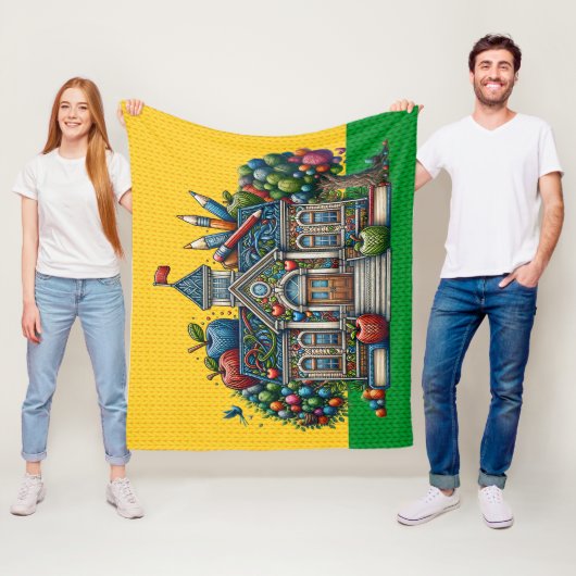 Med Size School Huis gebreide AFBEELDINGEN Fleece Deken (In situ)