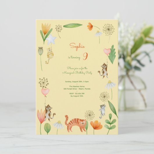 Medaille Katten en Bloemen Verjaardagsfeestje Kaart (Staand voorkant)