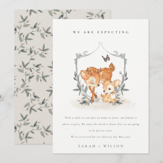 Mededeling van de Baby Cute Mum Deer Fawn Floral C Bedankkaart (Voorkant / Achterkant)