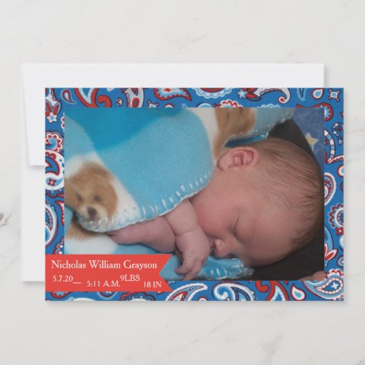 Mededeling van de Baby Red & Blue Paisley Aankondiging (Voorkant)