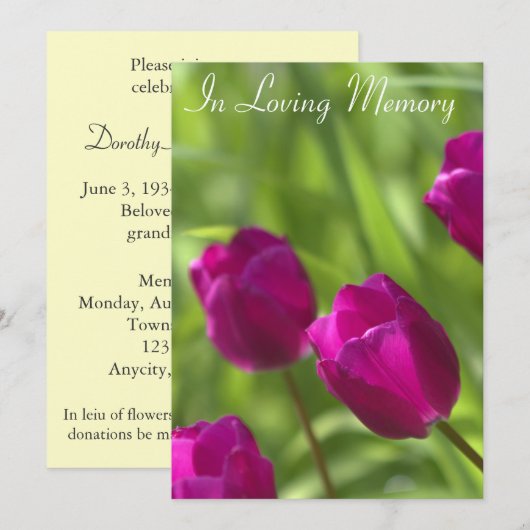 Mededeling van de roze Tulips Memorial Service Kaart (Voorkant / Achterkant)