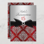 Mededelingen van Red Damask Bow Quinceanera Kaart (Voorkant / Achterkant)