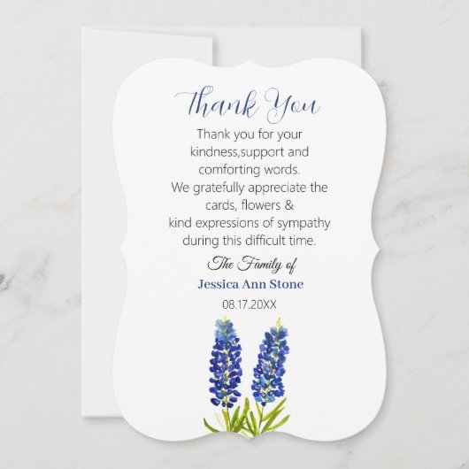 Medeleven Bluebonnets Funeral Doden Dank je Kaart (Voorkant)
