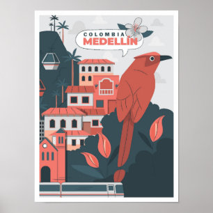 Medellin Colombia Art Vintage Travel Illustratie Poster