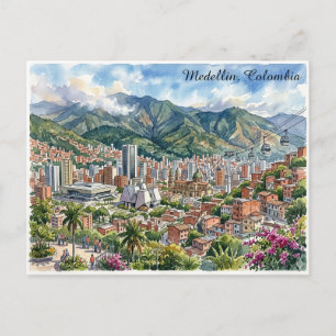 Medellin, Colombia Panorama Uitzicht Aquarel Kunst Briefkaart