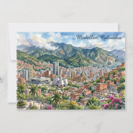 Medellin, Colombia Panorama Uitzicht Aquarel Kunst Kaart
