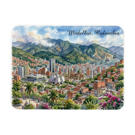 Medellin, Colombia Panorama Uitzicht Aquarel Kunst Magneet
