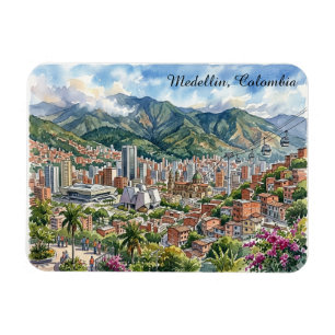 Medellin, Colombia Panorama Uitzicht Aquarel Kunst Magneet