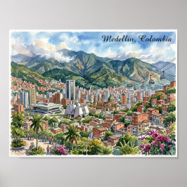 Medellin, Colombia Panorama Uitzicht Aquarel Kunst Poster