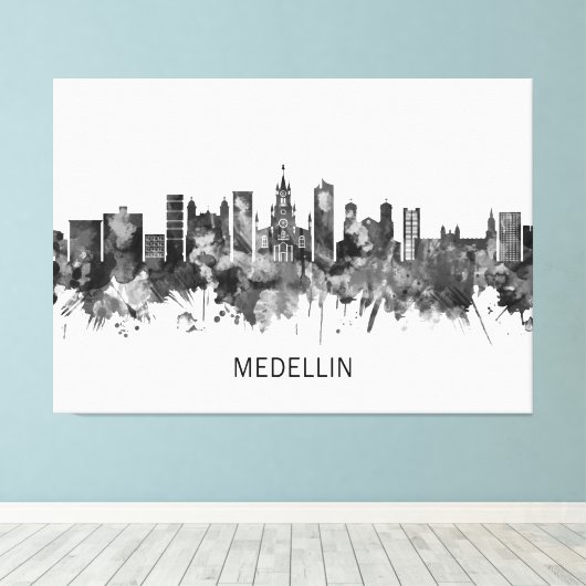 Medellin Colombia Skyline BW Canvas Afdruk (Insitu (Houten vloer))