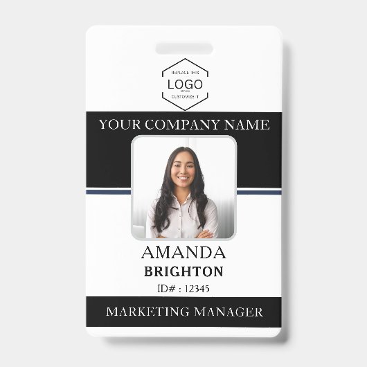 Medewerker Foto Bedrijf Logo QR Code Zwart Wit Badge (Front)