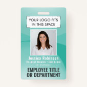 Medewerker Foto ID QR Code Uw Logo Blauwgroen Blau Badge (Voorkant)