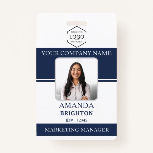 Medewerker Foto Logo QR Code Navy Blauw Wit Badge (Voorkant)