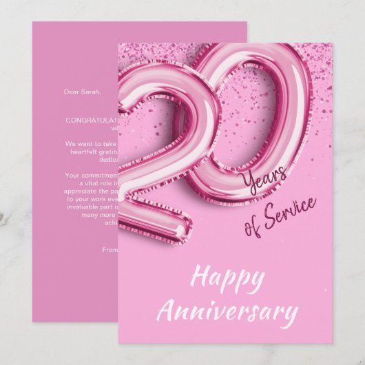 Medewerker Jubileum 20 jaar Roze Ballon Kaart (Voorkant / Achterkant)