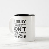 Medewerker vertrekt voor vrouwen, collega verlaat  tweekleurige koffiemok (Voorkant links)